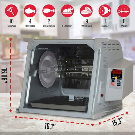 Perfect Preset Rotation Speed Includes Multipurpose Basket Compact Storage Auto Shutoff Ronco Showtime EZ-Store Large Capacity Rotisserie /& BBQ Oven Self-Basting Digital Controls